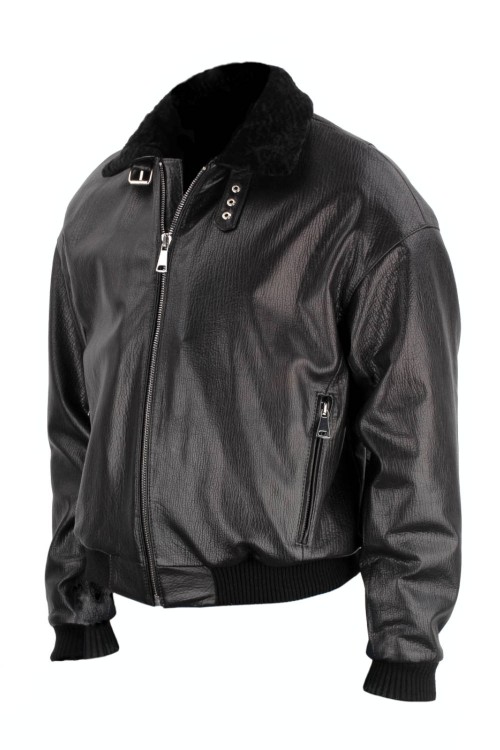 WAL951 - Czarna pilotka skórzana męska z naturalnej skóry owczej z widoczną strukturą, z futrzanym kołnierzem naturalnym sklep CarloMonti.com