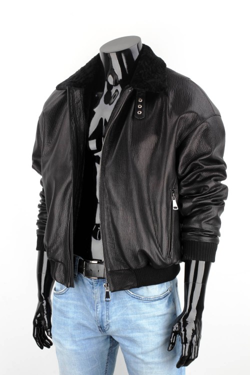 WAL951 - Czarna pilotka męska skórzana z kożuszkiem naturalnym