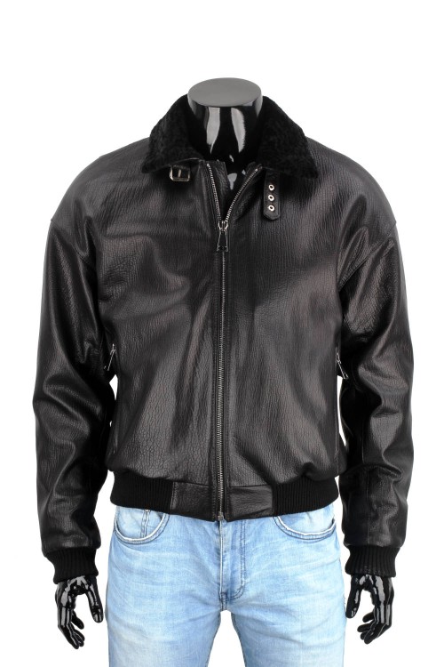 WAL951 - Czarna pilotka męska skórzana z kożuszkiem naturalnym