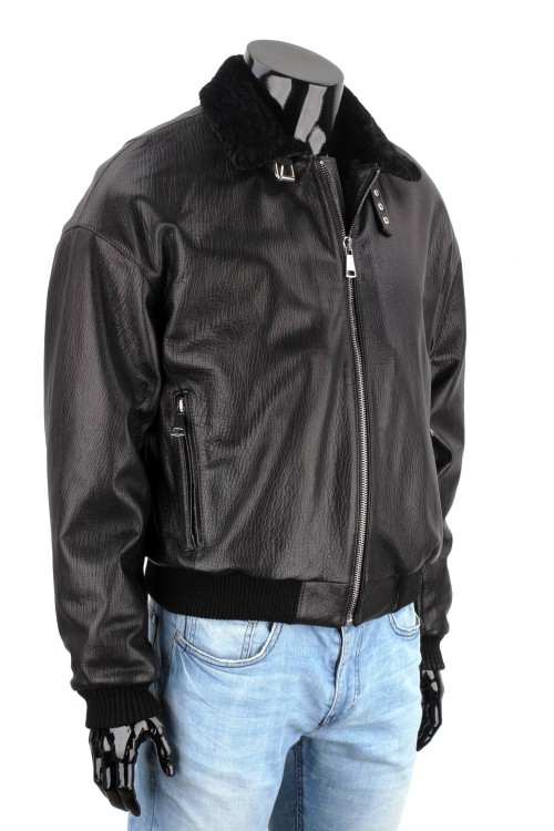 WAL951 - Czarna pilotka męska skórzana z kożuszkiem naturalnym
