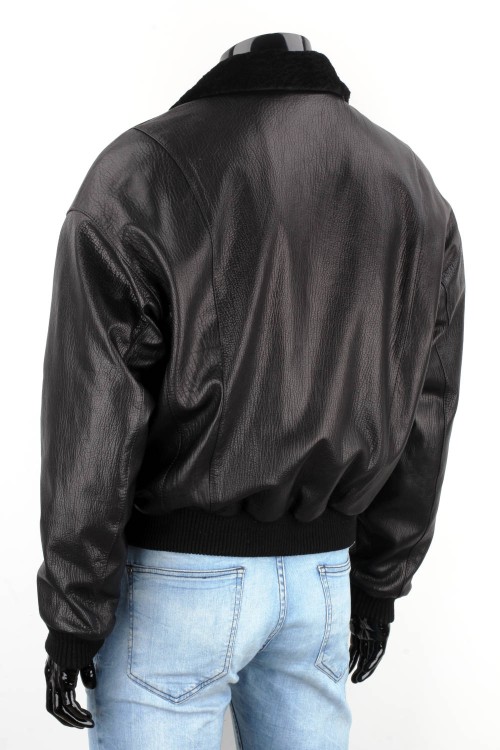 WAL951 - Czarna pilotka męska skórzana z kożuszkiem naturalnym