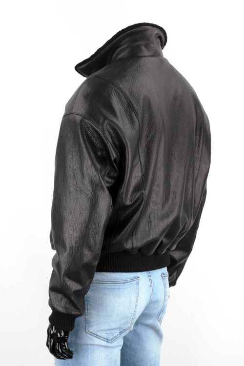 WAL951 - Czarna pilotka męska skórzana z kożuszkiem naturalnym