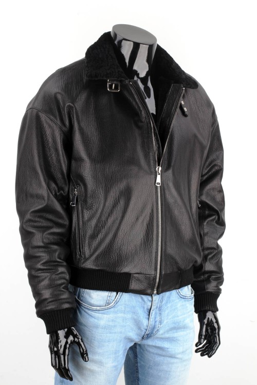 WAL951 - Czarna pilotka męska skórzana z kożuszkiem naturalnym