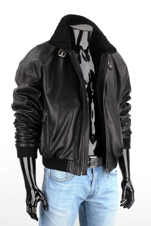 WAL951 - Czarna pilotka męska skórzana z kożuszkiem naturalnym