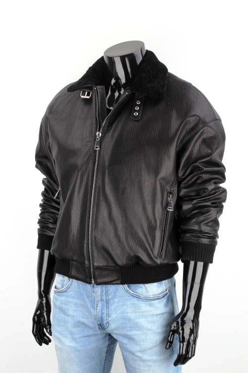 WAL951 - Czarna pilotka męska skórzana z kożuszkiem naturalnym