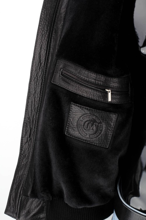 WAL951 - Czarna pilotka męska skórzana z kożuszkiem naturalnym