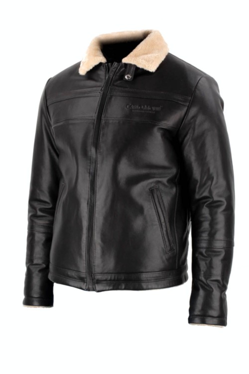 TMK450B - Skórzana pilotka męska na sezon jesień / zima podszyta jasnym kożuchem eko sklep CarloMonti.com