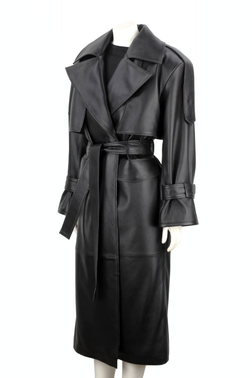 OKS450 - Czarny płaszcz skórzany damski typu oversize