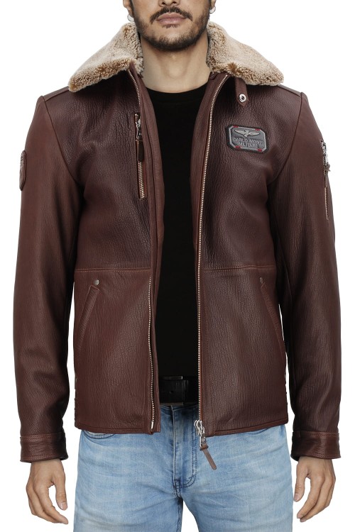 RAD126ML Pilotka skórzana męska z brązowej skóry naturalnej owczej z kołnierzem z kożucha naturalnego i zapięciem na zamek sklep CarloMonti.com