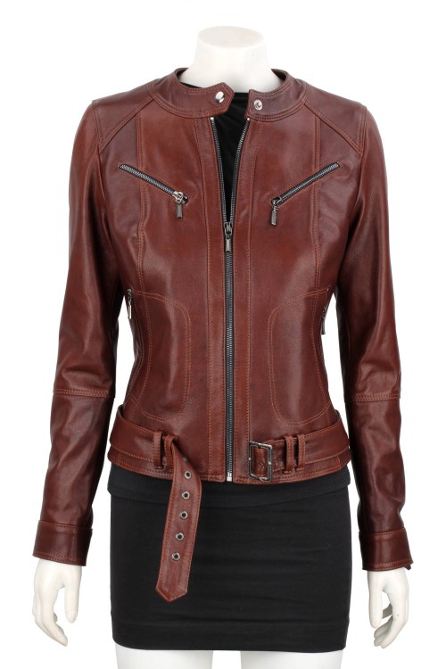 SAR122A - brązowa kurtka skórzana damska z paskiem