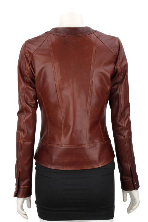 SAR122A - brązowa kurtka skórzana damska z paskiem