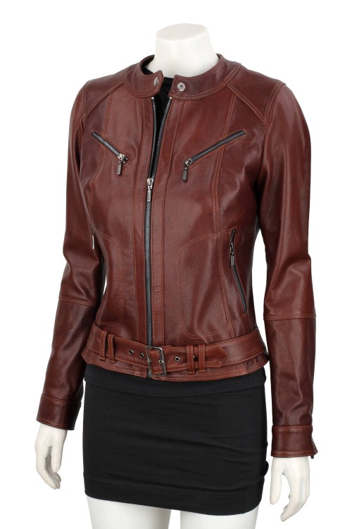 SAR122A - brązowa kurtka skórzana damska z paskiem