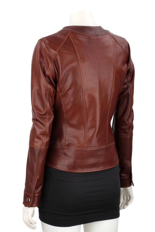 SAR122A - brązowa kurtka skórzana damska z paskiem