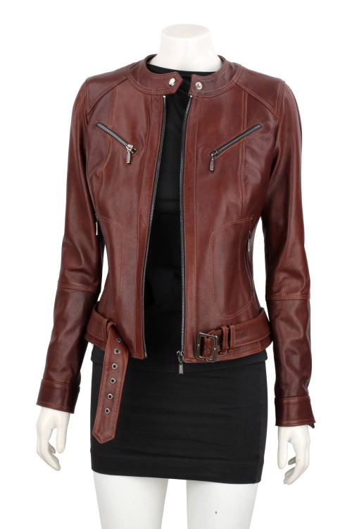 SAR122A - brązowa kurtka skórzana damska z paskiem