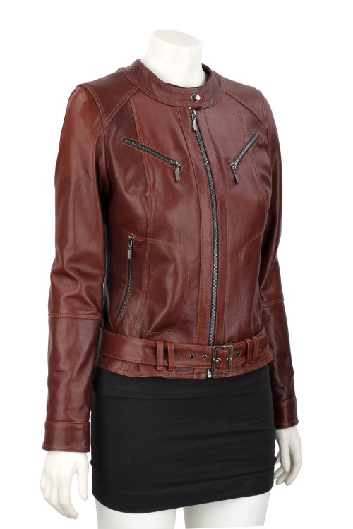 SAR122A - brązowa kurtka skórzana damska z paskiem