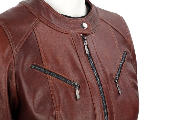 SAR122A - brązowa kurtka skórzana damska z paskiem