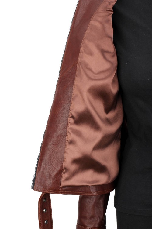 SAR122A - brązowa kurtka skórzana damska z paskiem