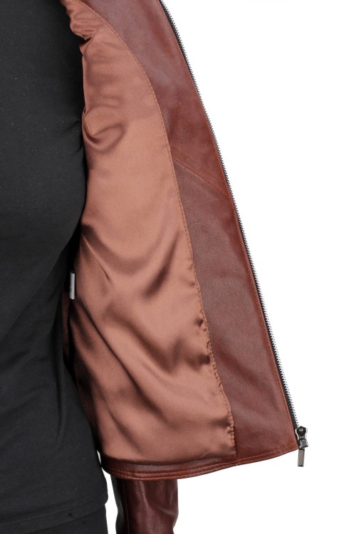 SAR122A - brązowa kurtka skórzana damska z paskiem