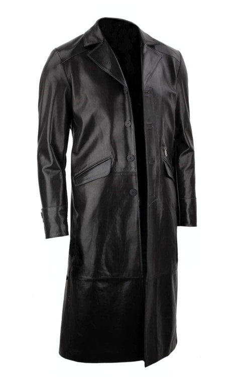 ERKL450 - Klasyczny długi płaszcz męski z czarnej skóry naturalnej owczej jednorzędowy, zapinany na guziki sklep CarloMonti.com