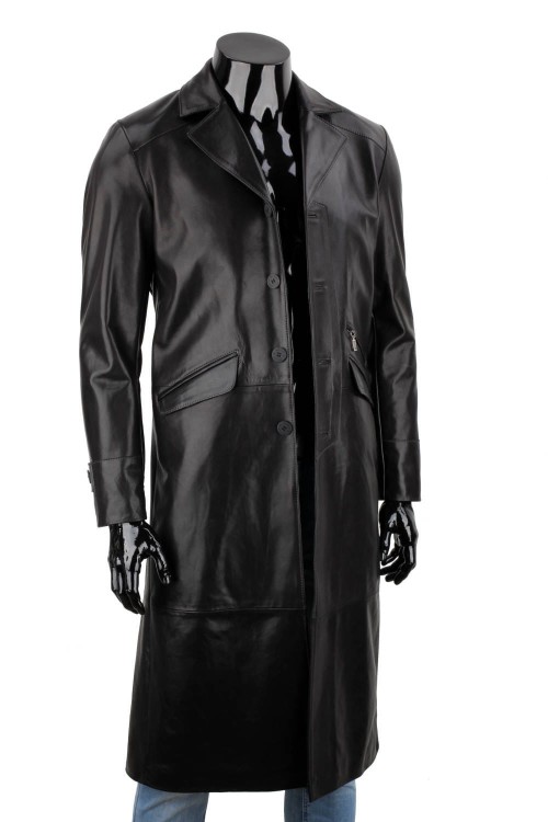 ERKL450 - Klasyczny długi płaszcz męski skórzany z czarnej skóry zapinany na guziki, rozpięty