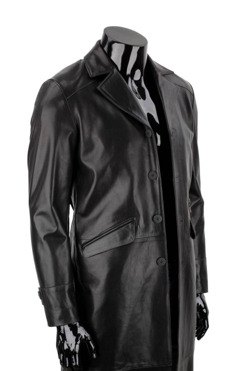 ERKL450 - Klasyczny długi płaszcz męski skórzany z czarnej skóry