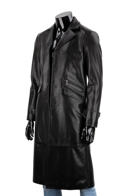 ERKL450 - Klasyczny długi płaszcz męski skórzany z czarnej skóry