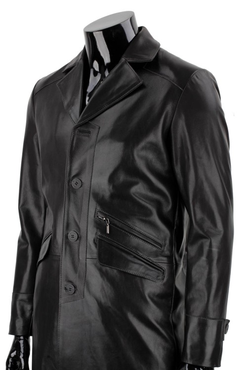 ERKL450 - Klasyczny długi płaszcz męski skórzany z czarnej skóry