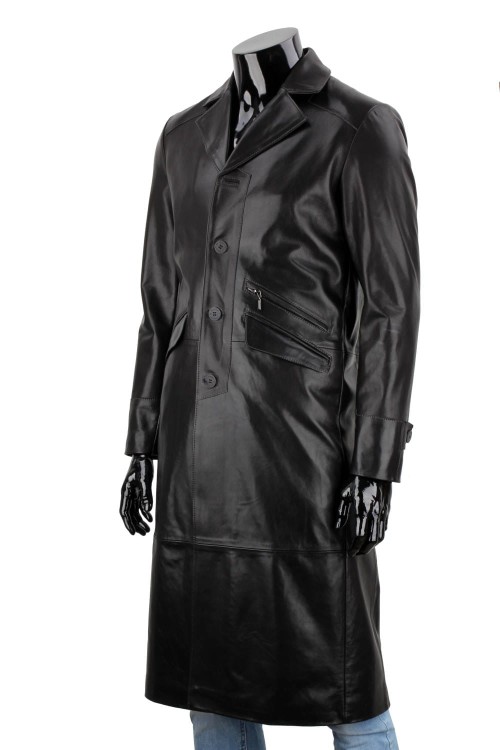 ERKL450 - Klasyczny długi płaszcz męski skórzany z czarnej skóry