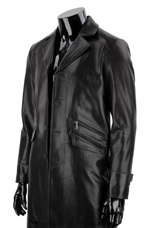 ERKL450 - Klasyczny długi płaszcz męski skórzany z czarnej skóry dodatkowa kieszeń detale