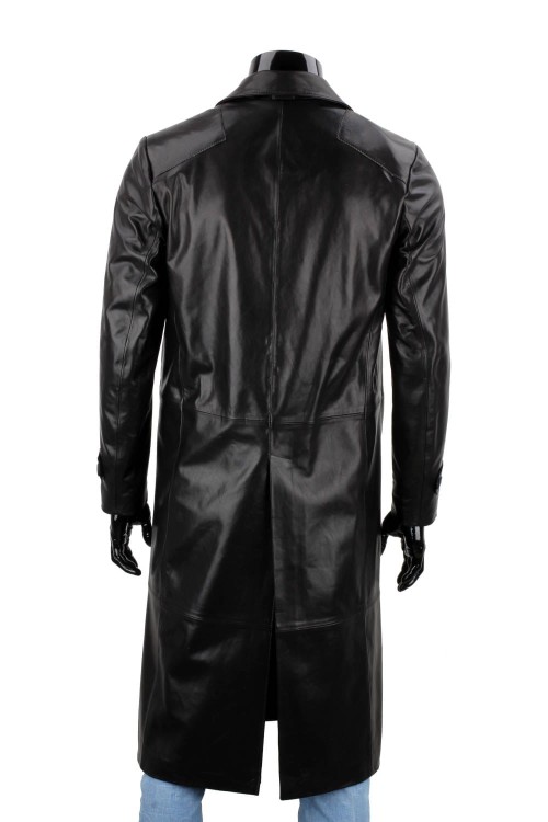 ERKL450 - Klasyczny długi płaszcz męski skórzany z czarnej skóry