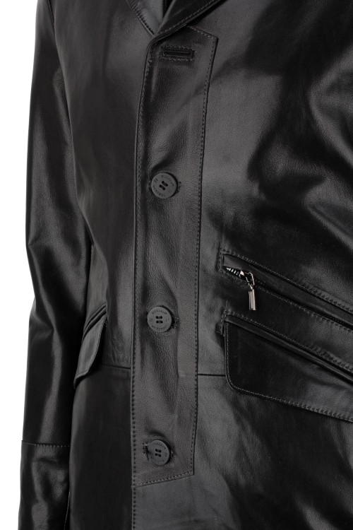 ERKL450 - Klasyczny długi płaszcz męski skórzany z czarnej skóry zapinany na guziki