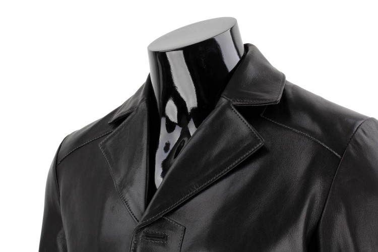 ERKL450 - Klasyczny długi płaszcz męski skórzany z czarnej skóry