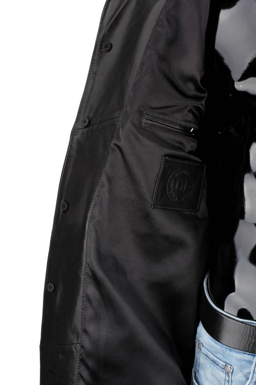 ERKL450 - Klasyczny długi płaszcz męski skórzany z czarnej skóry