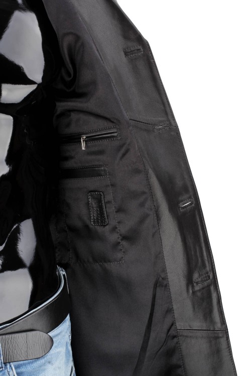 ERKL450 - Klasyczny długi płaszcz męski skórzany z czarnej skóry