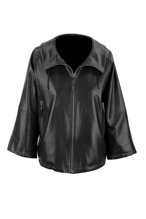 AID450 - Damska kurtka skórzana oversize z luźnymi rękawami i szerokim kołnierzem, zapinana na metalowy zamek sklep CarloMonti.com