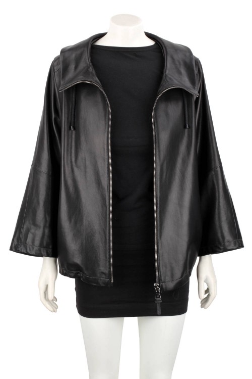 AID450 - Damska kurtka skórzana oversize z czarnej skóry naturalnej