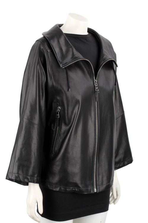 AID450 - Damska kurtka skórzana oversize z czarnej skóry naturalnej