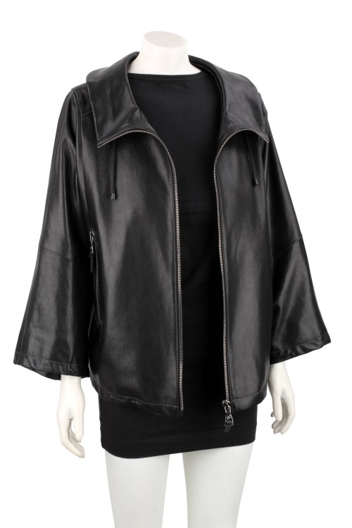 AID450 - Damska kurtka skórzana oversize z czarnej skóry naturalnej