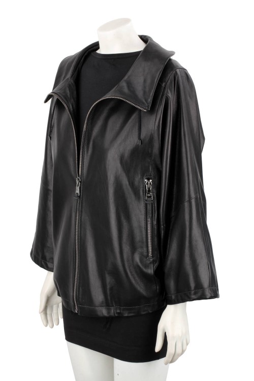 AID450 - Damska kurtka skórzana oversize z czarnej skóry naturalnej