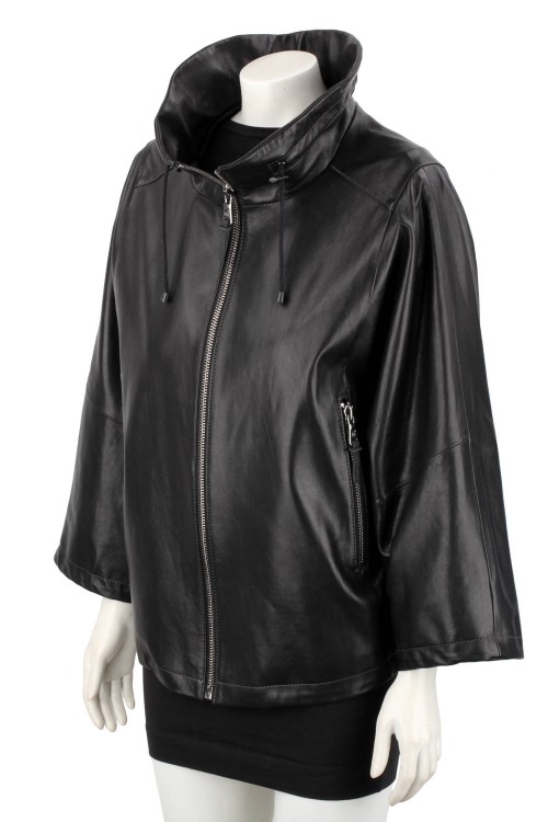 AID450 - Damska kurtka skórzana oversize z czarnej skóry naturalnej