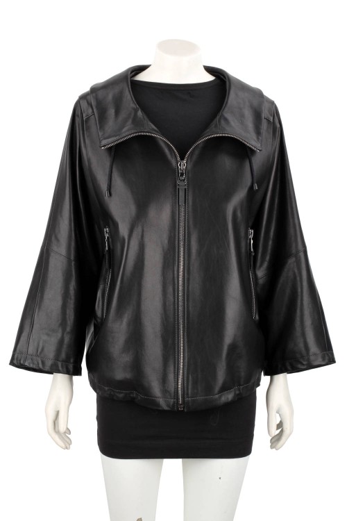 AID450 - Damska kurtka skórzana oversize z czarnej skóry naturalnej