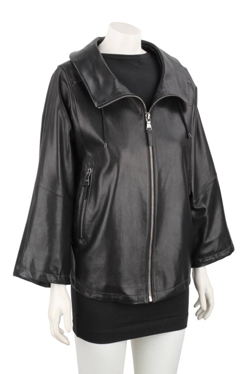 AID450 - Damska kurtka skórzana oversize z czarnej skóry naturalnej