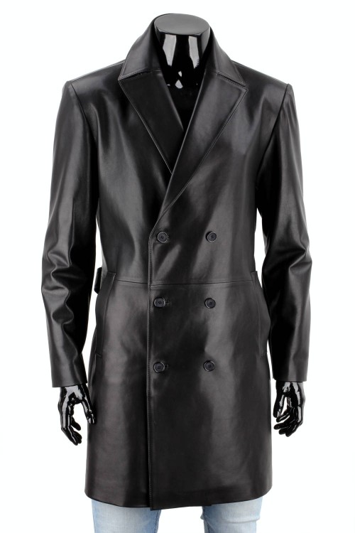 WIN450 - Dwurzędowy płaszcz skórzany męski zapinany na guziki z paskiem