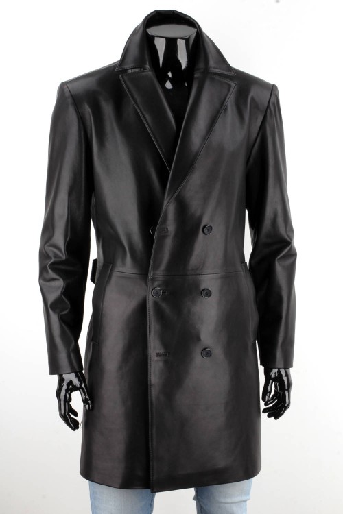 WIN450 - Dwurzędowy płaszcz skórzany męski zapinany na guziki z paskiem