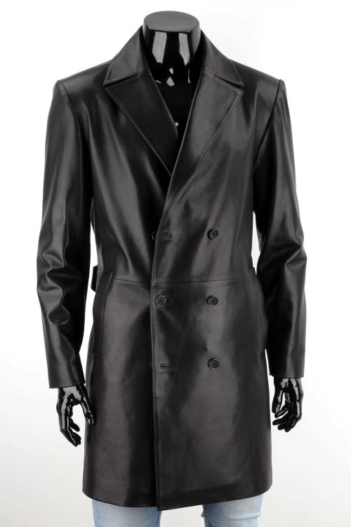 WIN450 - Dwurzędowy płaszcz skórzany męski zapinany na guziki z paskiem
