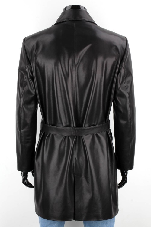 WIN450 - Dwurzędowy płaszcz skórzany męski zapinany na guziki z paskiem