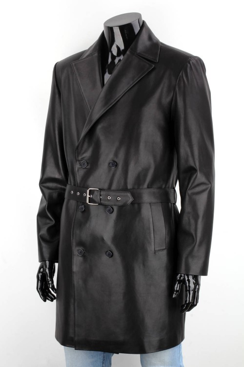 WIN450 - Dwurzędowy płaszcz skórzany męski zapinany na guziki z paskiem