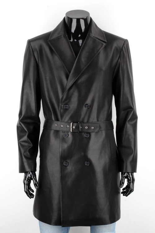 WIN450 - Dwurzędowy płaszcz skórzany męski zapinany na guziki z paskiem
