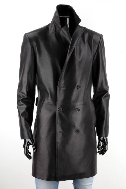 WIN450 - Dwurzędowy płaszcz skórzany męski zapinany na guziki z paskiem