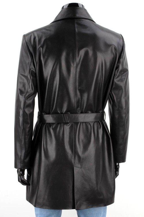 WIN450 - Dwurzędowy płaszcz skórzany męski zapinany na guziki z paskiem